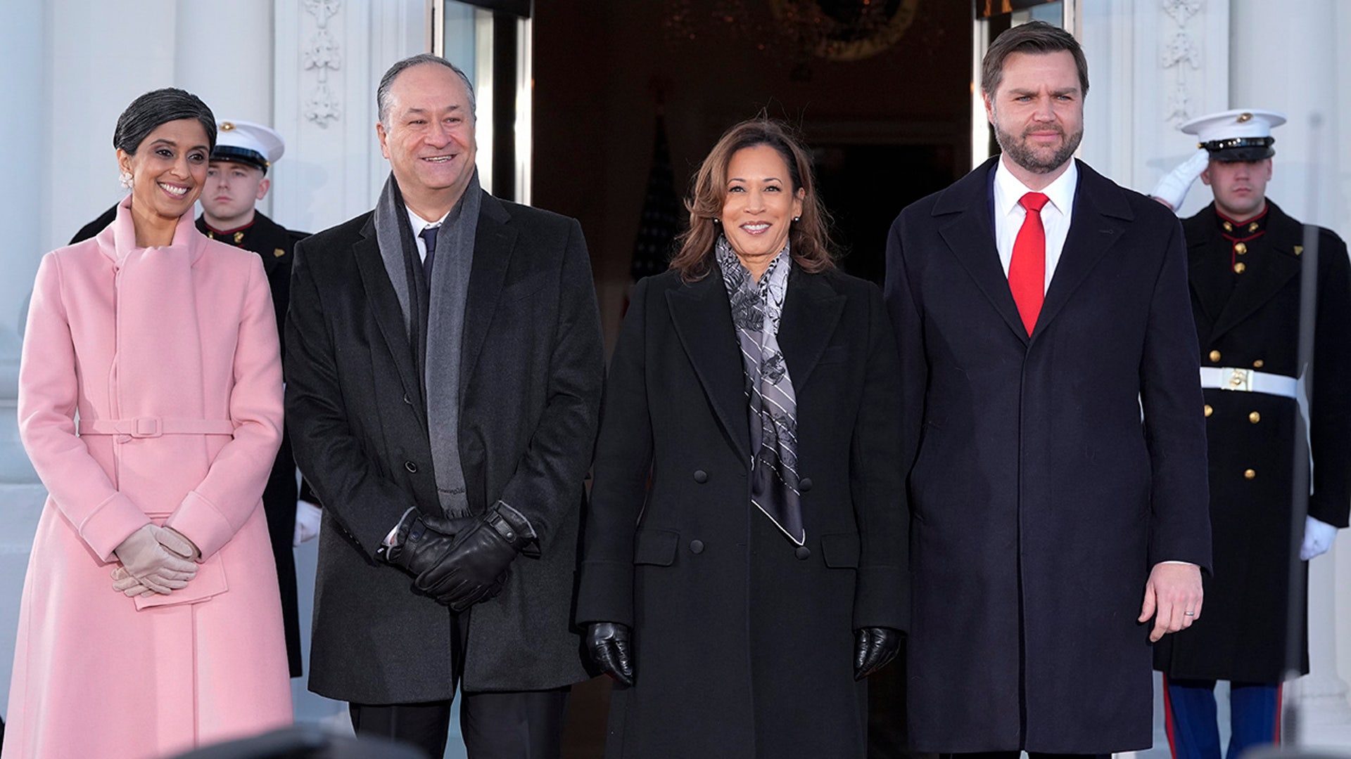 Vice President Kamala Harris and 2nd  man  Doug Emhoff, greet Vice President-elect JD Vance and his wife, Usha Vance upon their accomplishment  astatine  the White House