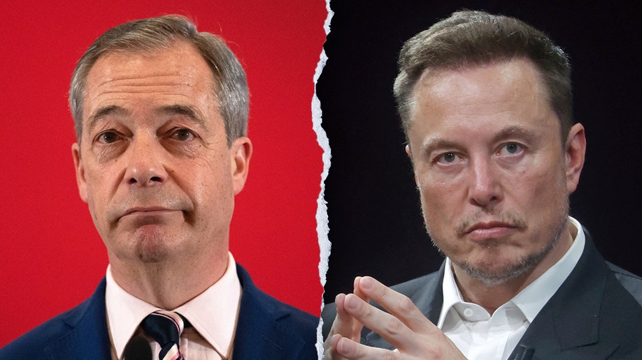 Left: Nigel Farage with a red background; Right: Elon Musk with his hands folded