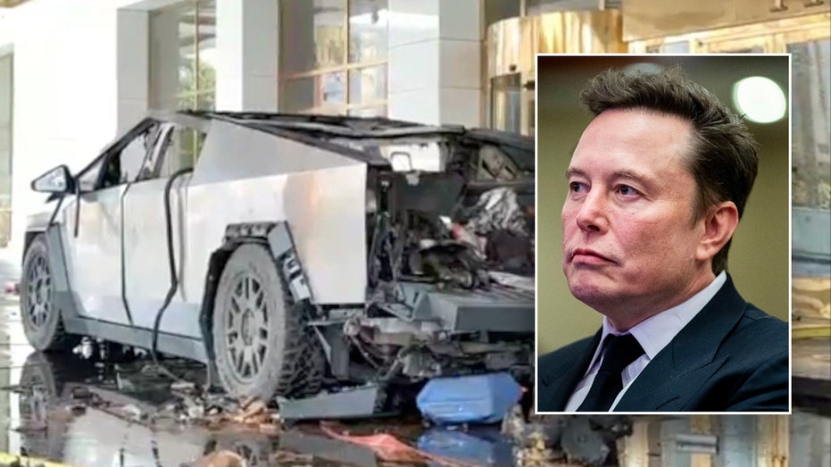 Musk and charred Cybertruck in Las Vegas