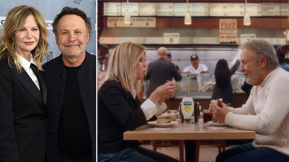 Meg Ryan and Billy Crystal on the red carpet next to each other's photos Meg Ryan and Billy Crystal of their Hellman "When Harry met Sally" advertisement