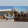 Una imagen de pantalla dividida muestra una gasolinera Shell después de que los fuertes vientos que alimentan los devastadores incendios forestales en la zona de Los Ángeles obliguen a evacuar a la gente, en el barrio de Pacific Palisades, al oeste de Los Ángeles, California, EE.UU. 8 de enero de 2025.