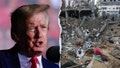 President Donald Trump looks to the right next to a photo of rubble in Gaza. - Fox News