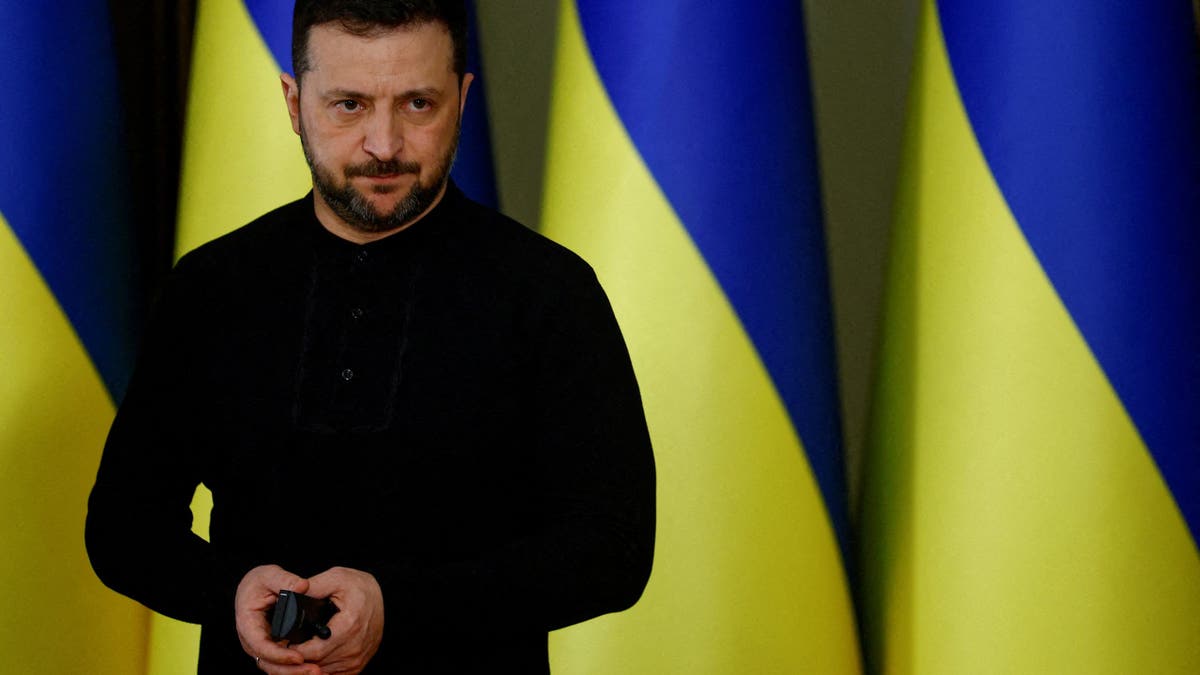 Ukrainian President Volodymyr Zelenskiy looks on during a briefing with visiting U.S. Secretary of the Treasury Scott Bessent (not pictured), in Kyiv, Ukraine, February 12, 2025.