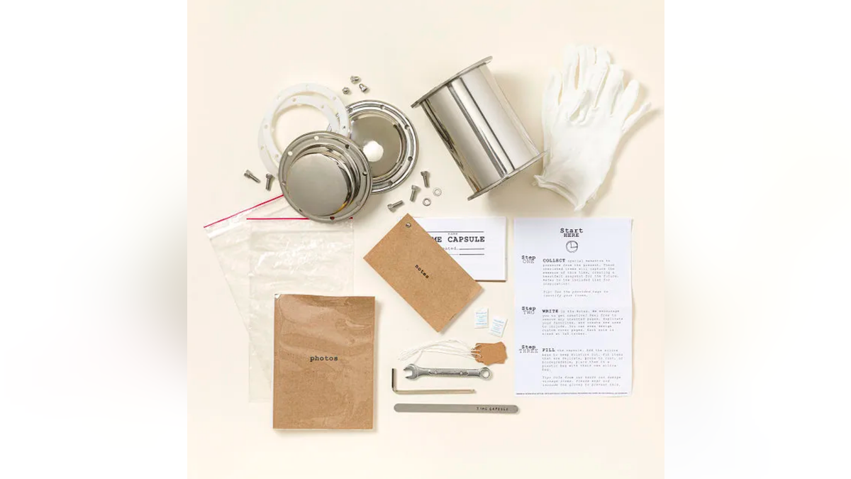 This Uncommon Goods time capsule kit encourages reflection and can be revisited on future anniversaries.