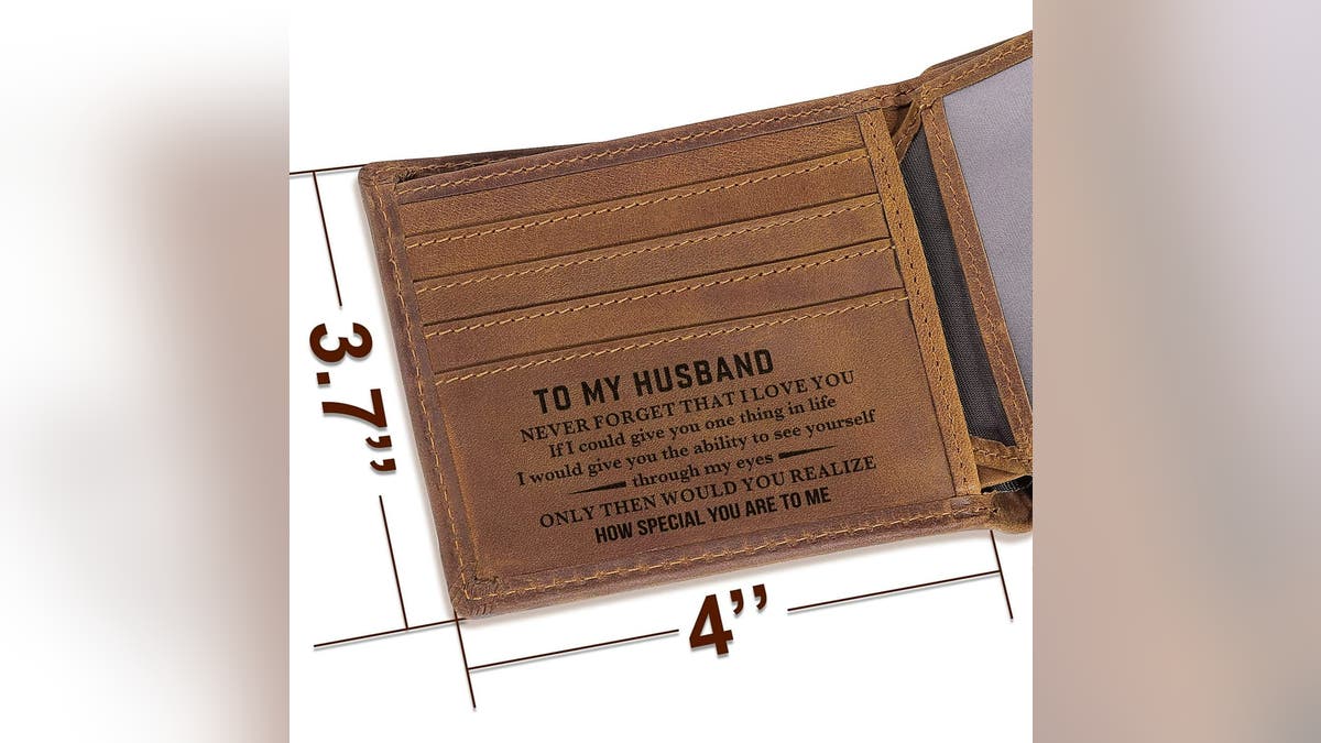 This leather wallet is engraved with a special message for your husband.