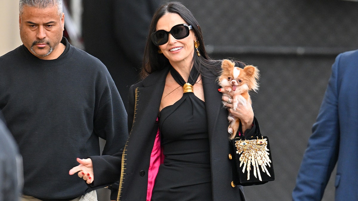 Demi Moore holding her dog and walking