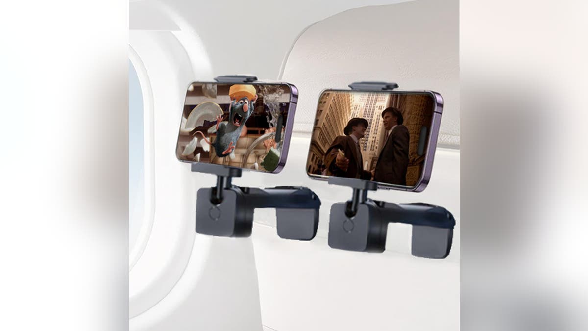 Get caught up on your favorite shows with this phone holder for the airplane.