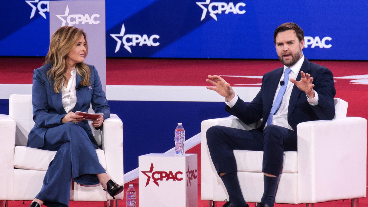  U.S. Vice President JD Vance speaks during an interview with political commentator Mercedes Schlapp at the Conservative Political Action Conference (CPAC) at the Gaylord National Resort Hotel And Convention Center on February 20, 2025 in Oxon Hill, Maryland. The annual four-day gathering brings together conservative U.S. lawmakers, international leaders, media personalities and businessmen to discuss and champion conservative ideas. (Photo by Alex Wong/Getty Images)
