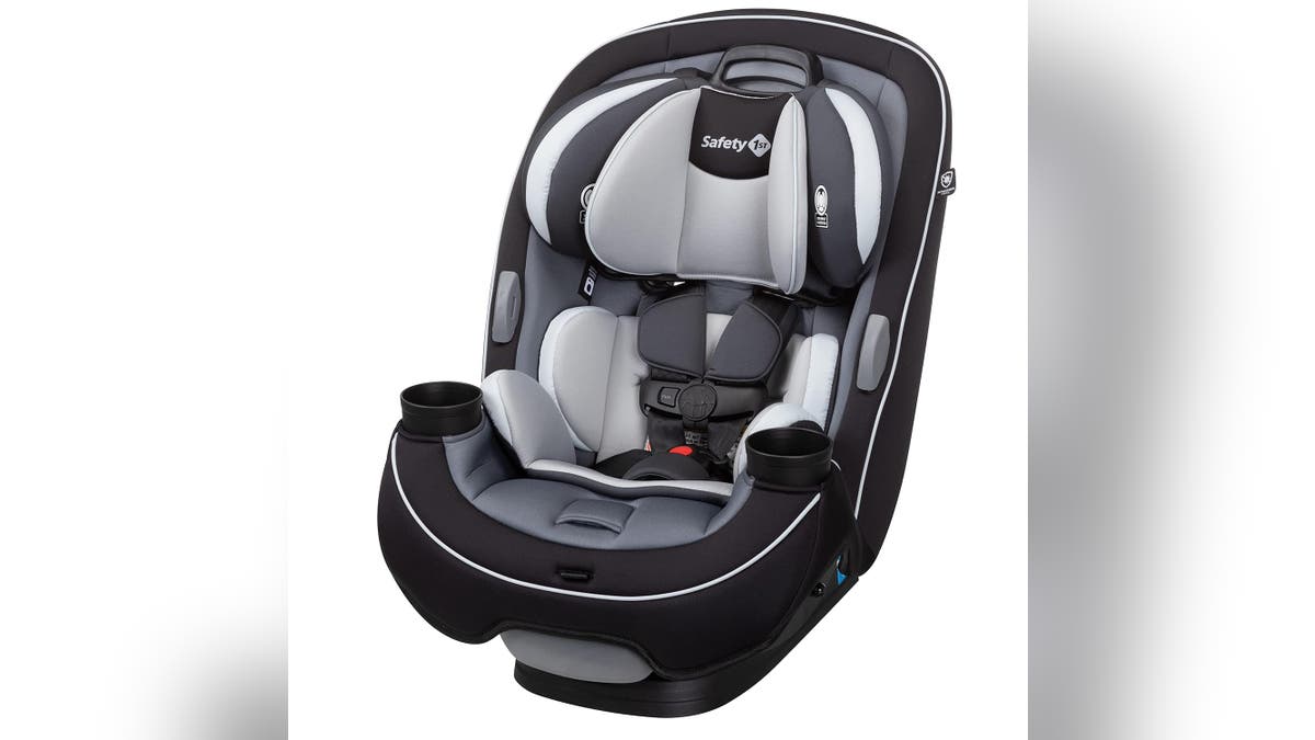 A rear-facing and front-facing car seat.
