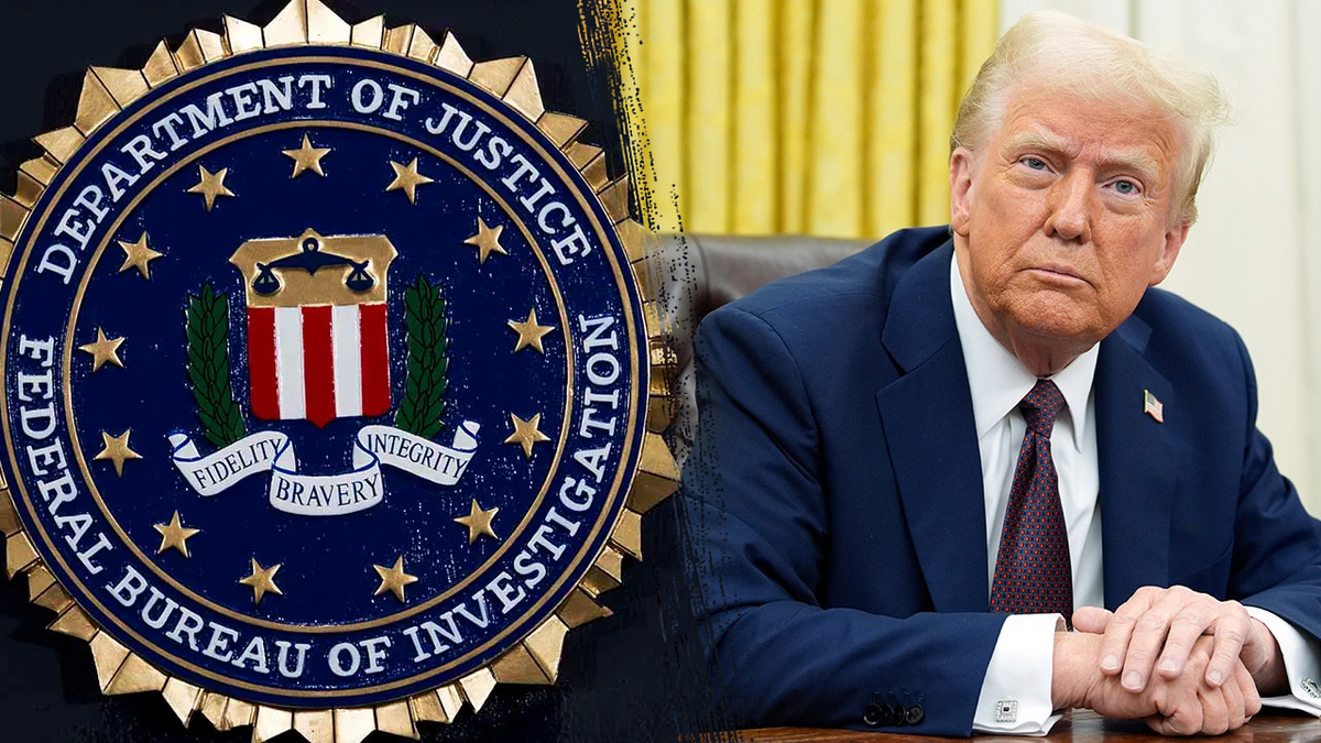 Trump and the Logo of the Department of Justice. Getty images.