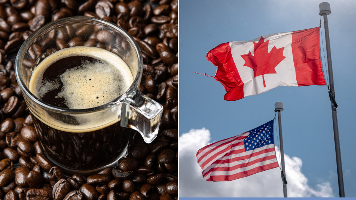 photos depicting a cup of coffee and the flags of America and Canada