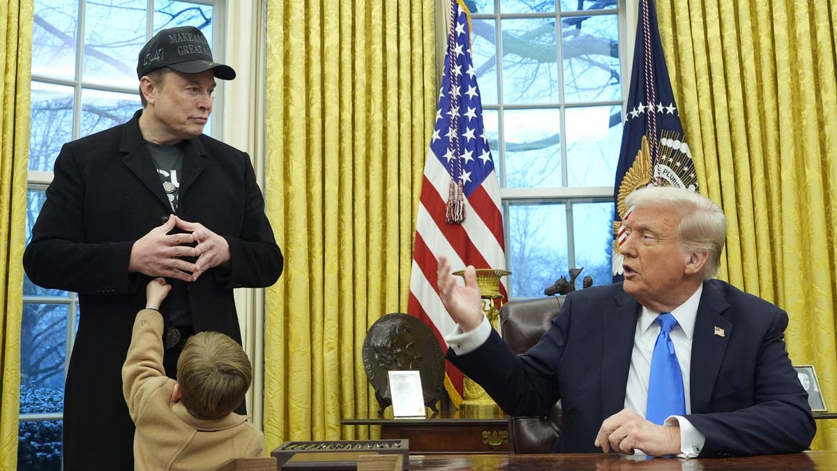 President Donald Trump speaks as Elon Musk, joined by his son X ? A-Xii, listens in the Oval Office at the White House, Tuesday, Feb. 11, 2025, in Washington. (Photo/Alex Brandon)