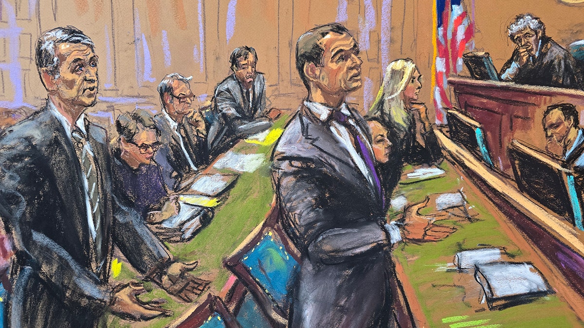 A planning drawing of the court depicting Blake Livley and Justin's lawyer Baldouni at the Federal Court today in New York City, New York, on Monday, February 3, 2025. 