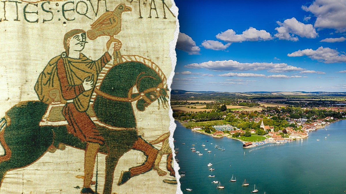 A divided  of a Bayeux Tapestry and Bosham Harbour.