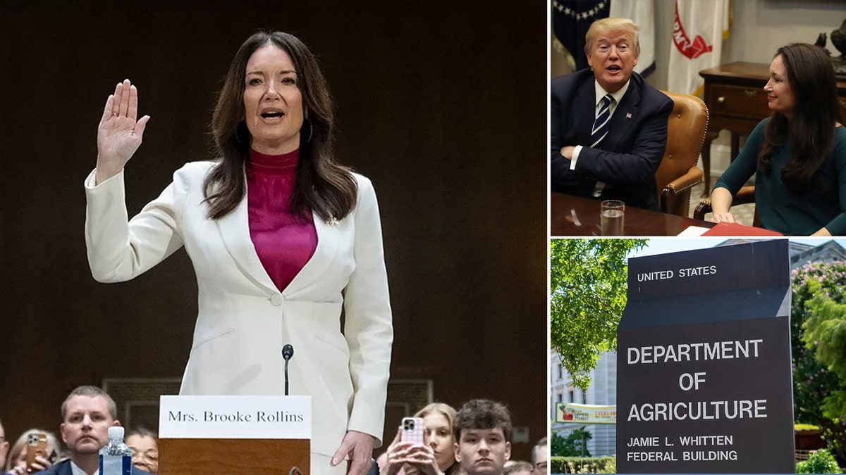 Split image showing agriculture secretary nominee Brooke Rollins with Donald Trump and a sign outside the USDA