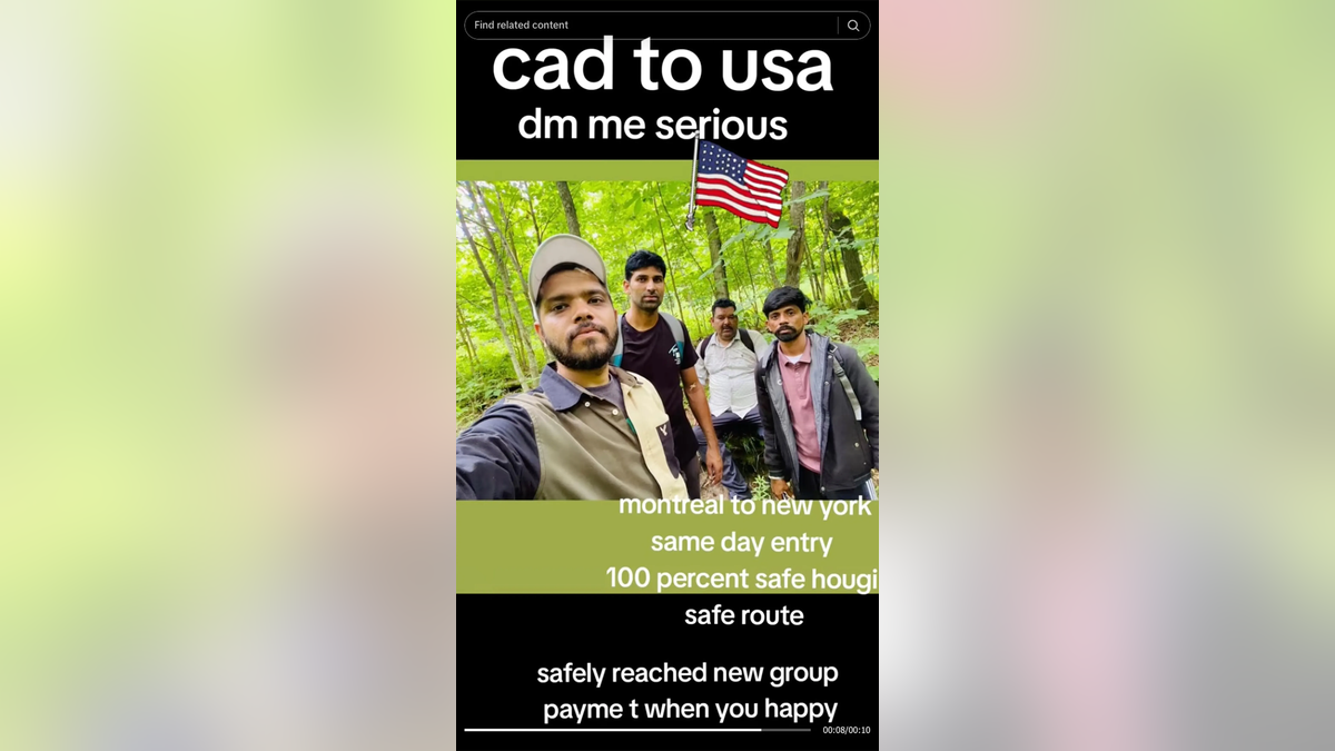 TikTok image showing a selfie of a group of apparent migrants and an American flag Emoji with the caption 'cad to usa dm me serious montreal to new york same day entry 100 percent safe'