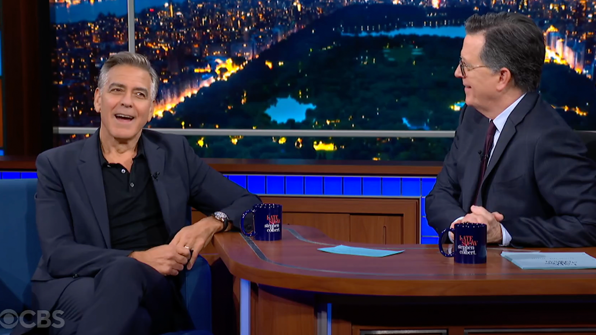 George Clooney with CBS late night host Stephen Colbert