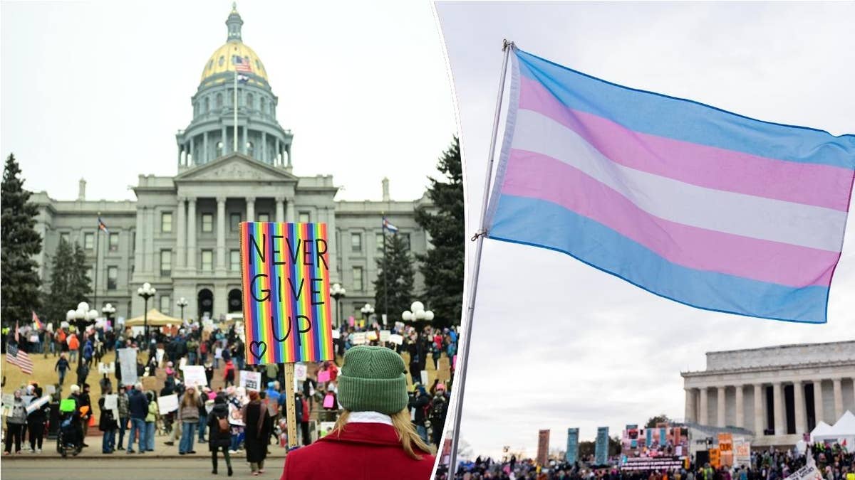 protesta ante el capitolio Colorado , izquierda; bandera transgénero, derecha