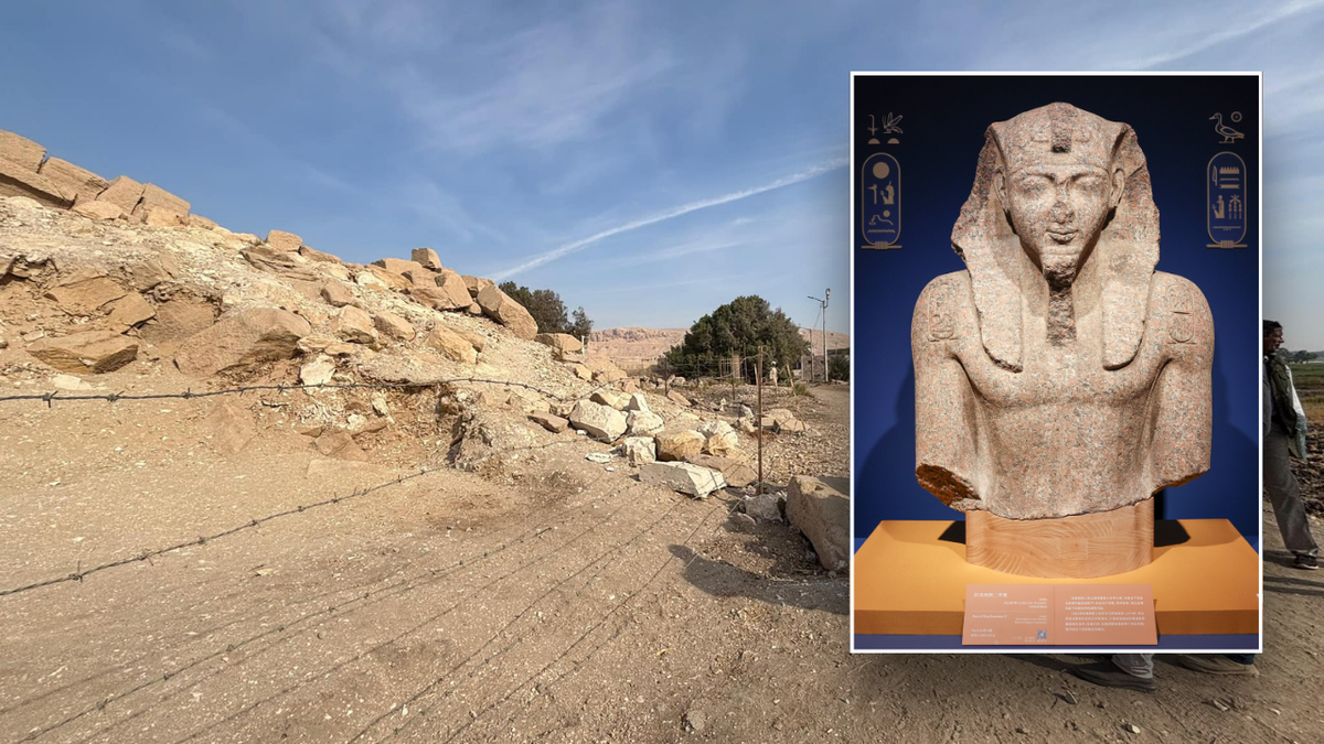 Split image of pharoah, ruins of palace