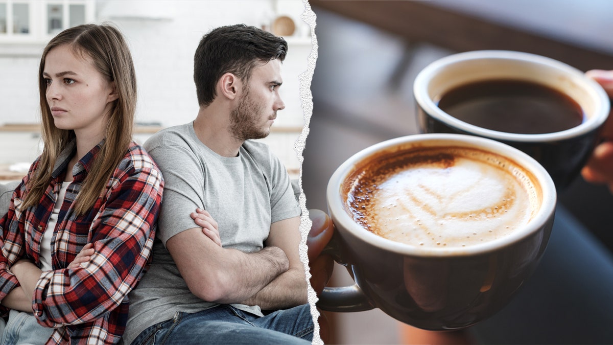 couple not talking plus two coffees split