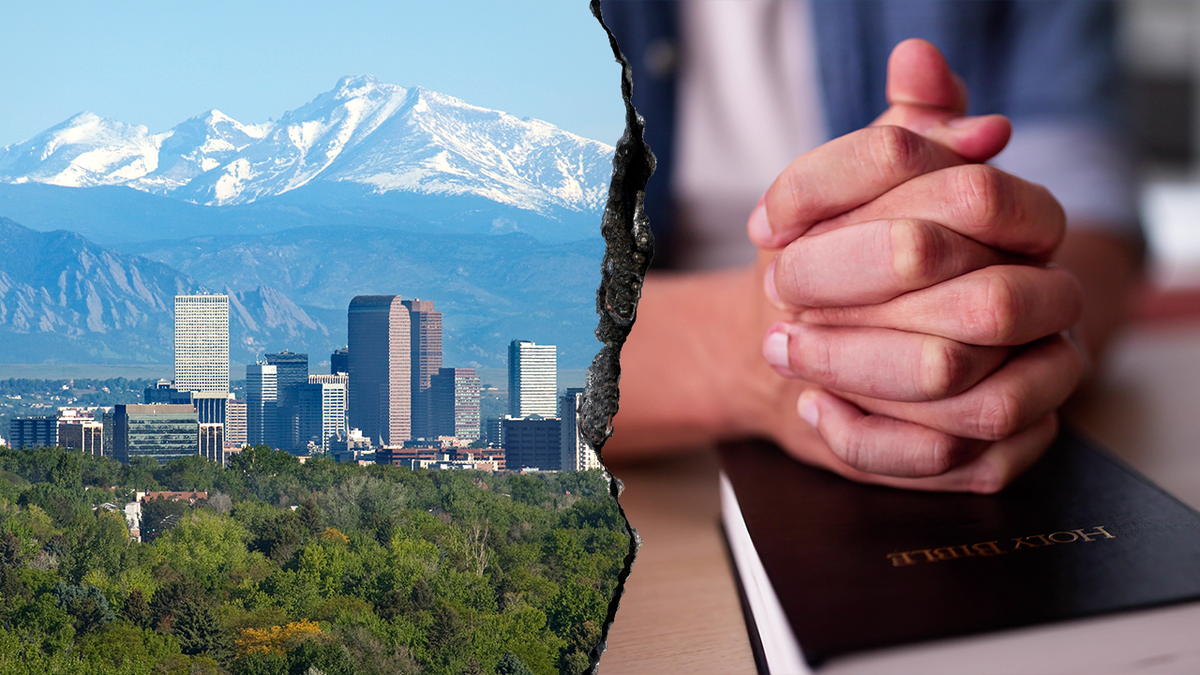 Denver skyline, person praying