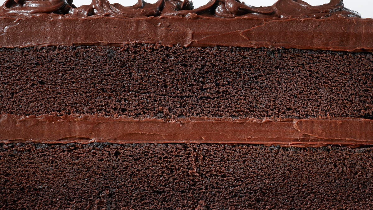 A close-up look at a chocolate layer cake known as a devil's food cake.