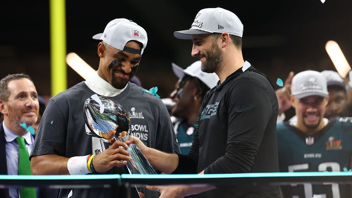 Jalen Hurts and Nick Sirianni with Lombardi Trophy