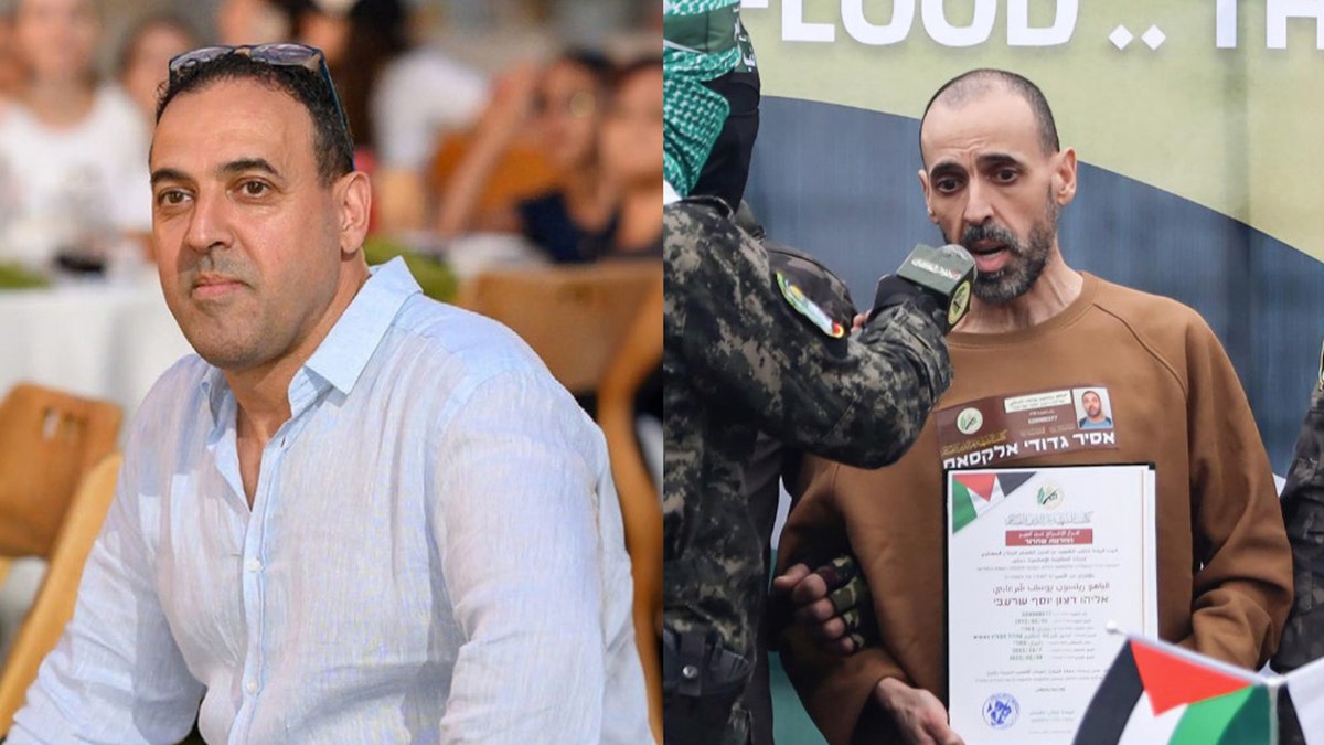 The photos lined up show Eli Sharabi before and after spending 491 days with a prisoner of war in Hamas