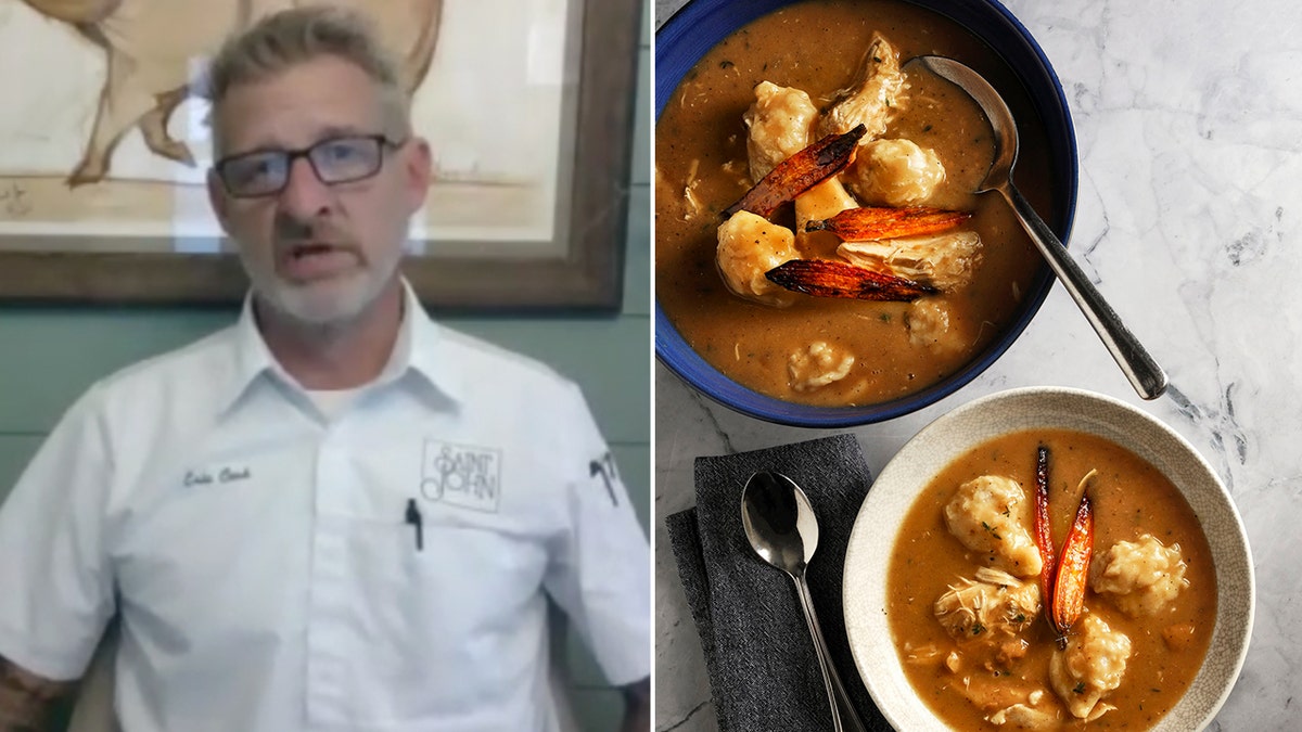 Eric Cook speaks to Fox News Digital about his mother's chicken and dumplings, which appear in his cookbook and restaurants.