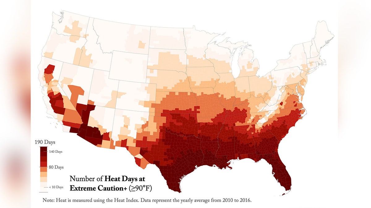 Map of the U.S. showing locations of 'heat days at extreme caution' meaning how many days go above 90 degrees Fahrenheit