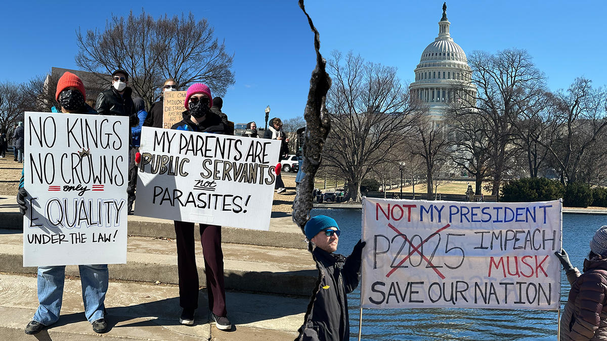 Washington, mil pessoas reunidas na piscina refletida no Capitólio para DC "Não há rei no dia do presidente" Protestos em 17 de fevereiro de 2025.