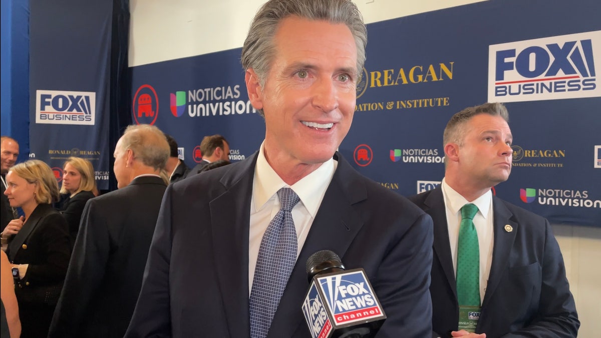 Democratic Gov. Gavin Newsom of California is interviewed by Fox News Digital at a Fox Business Republican presidential nomination debate, on Sept. 27, 2023, in Simi Valley, California 