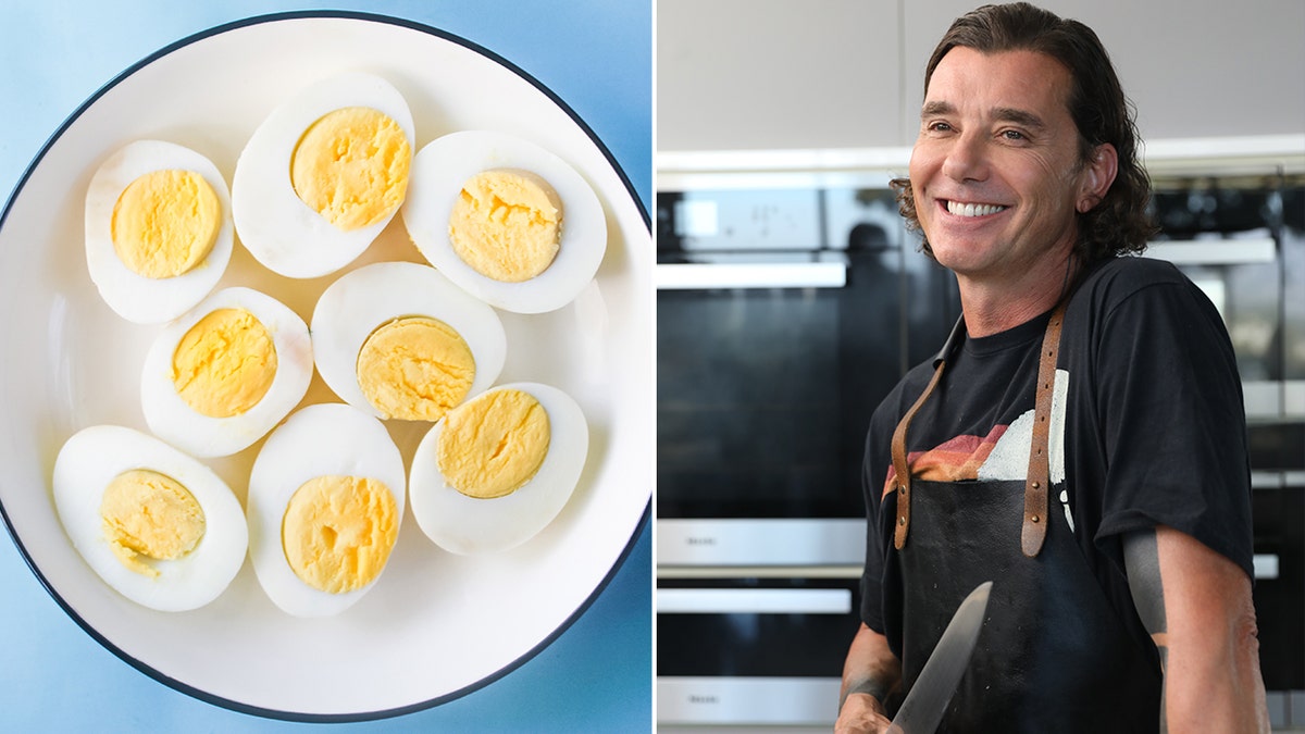 Gavin Rossdale smiles and holds a butcher's knife, right. A plate of boiled eggs is visible, left.