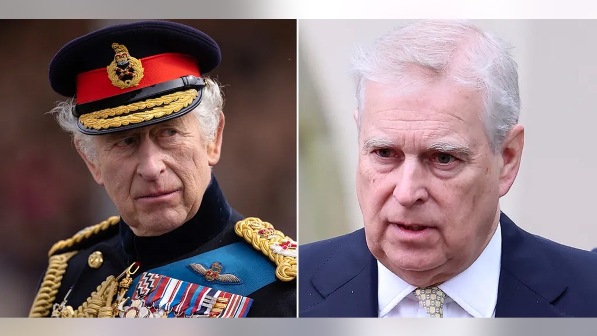 A split side-by-side image of King Charles in uniform and Prince Andrew in a suit.