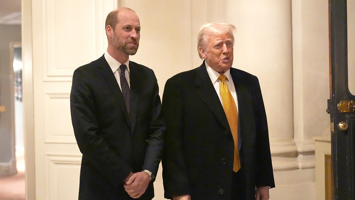 Prince William and Donald Trump standing side by side in suits and speaking to the public.