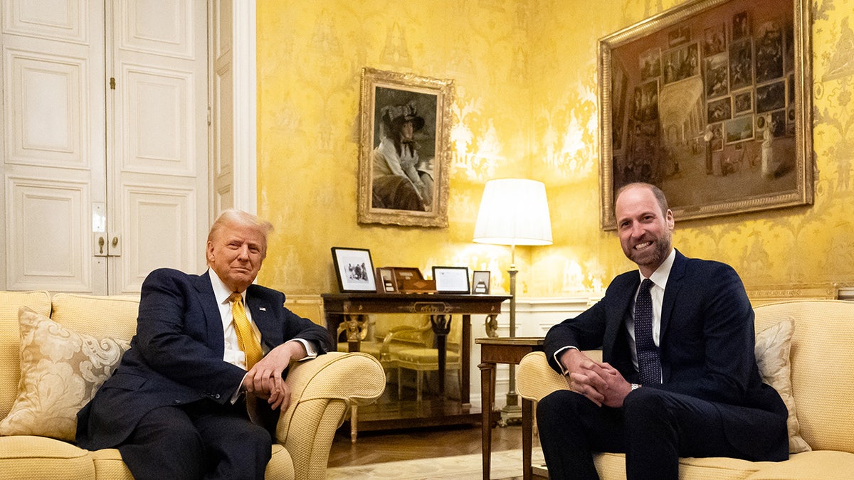 Donald Trump and Prince William sitting next to each other in a gold room and smiling.