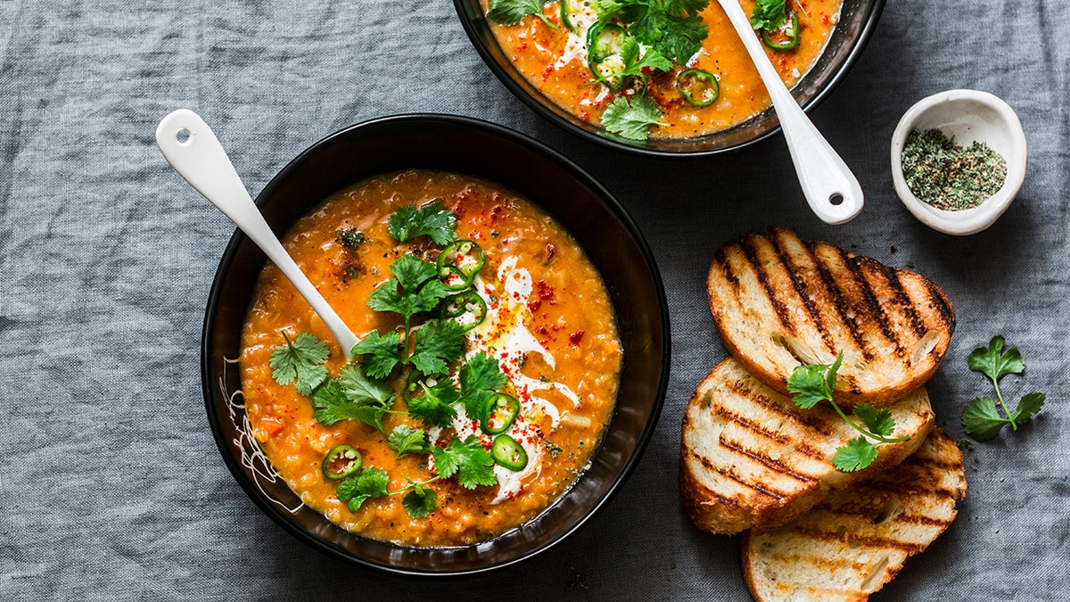 Curried red lentil tomato and coconut soup