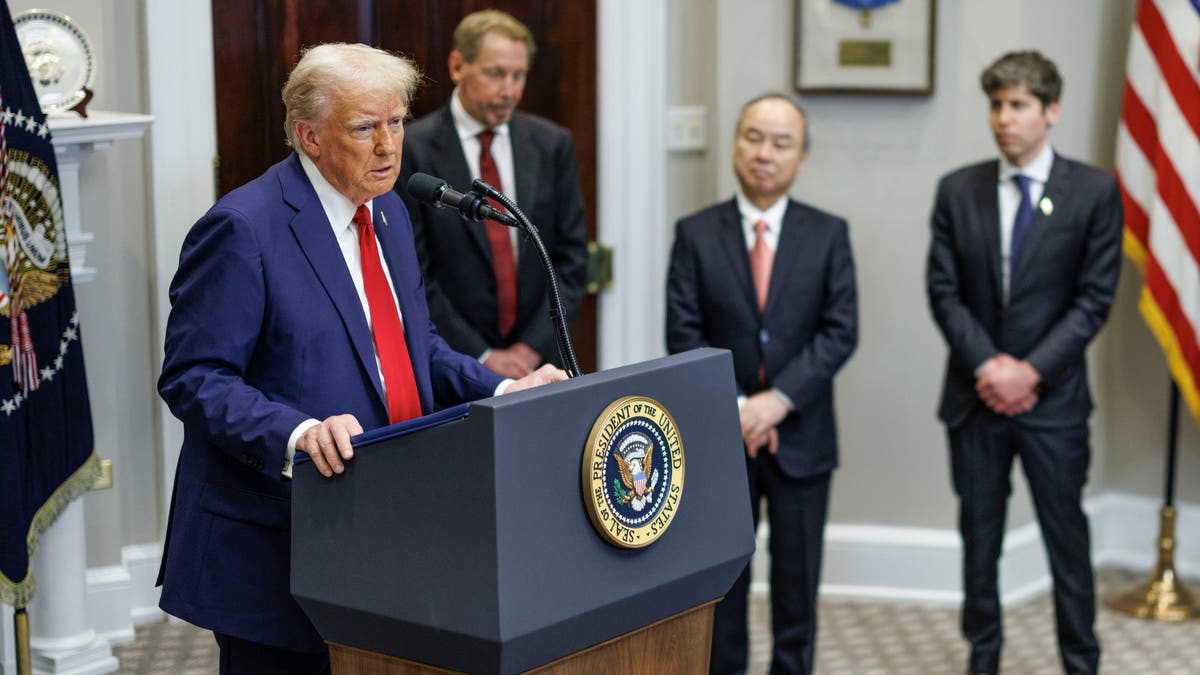 President Donald Trump announces the Stargate project with, from left, Larry Ellison, co-founder and executive chairman of Oracle Corp., Masayoshi Son, chief executive officer of SoftBank Group Corp., and Sam Altman, chief executive officer of OpenAI Inc., at the White House in on Jan. 21, 2025. (Aaron Schwartz/Sipa/Bloomberg via Getty Images)