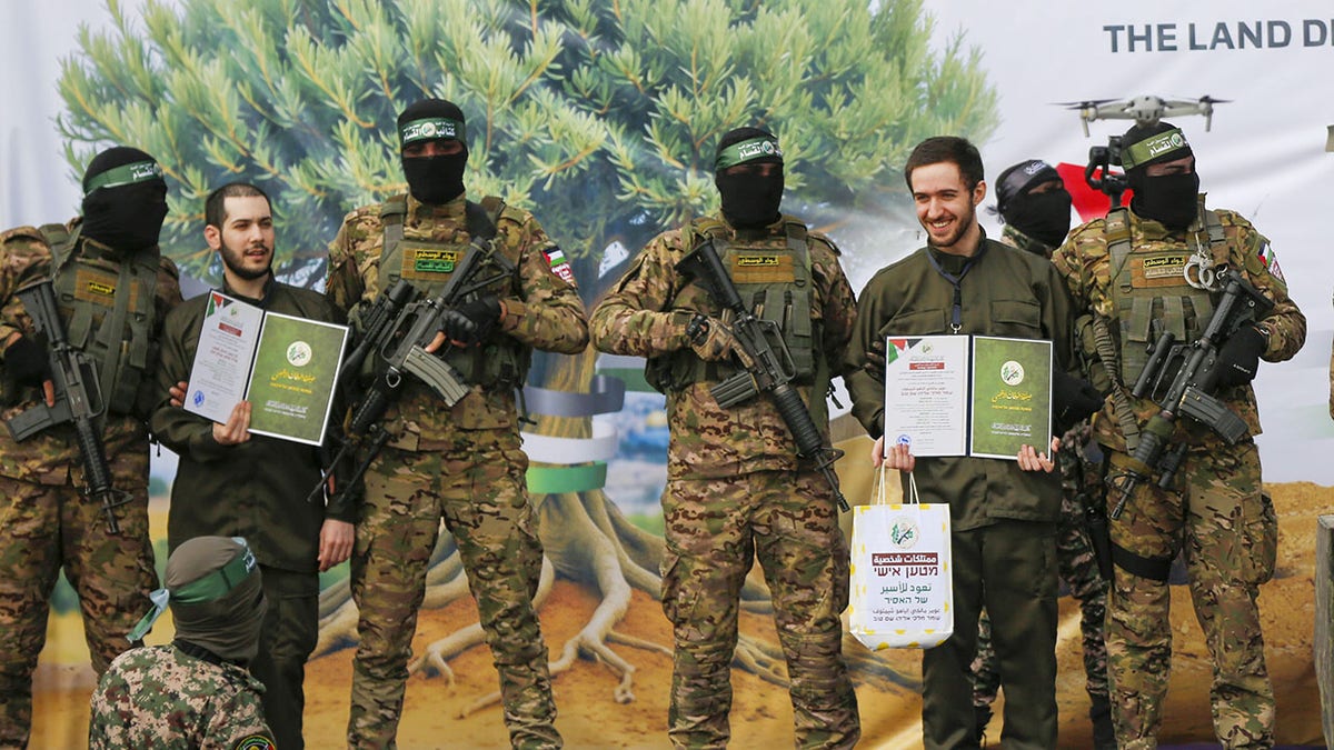 Israeli hostage at the Hamas handover ceremony