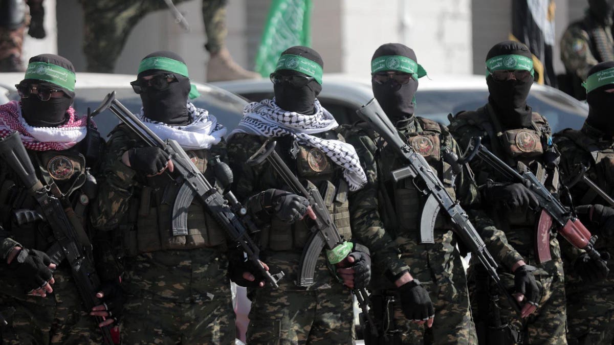 A military parade of the terrorist organization Hamas before the transfer of four Israeli hostages to the Red Cross on January 25, 2025.