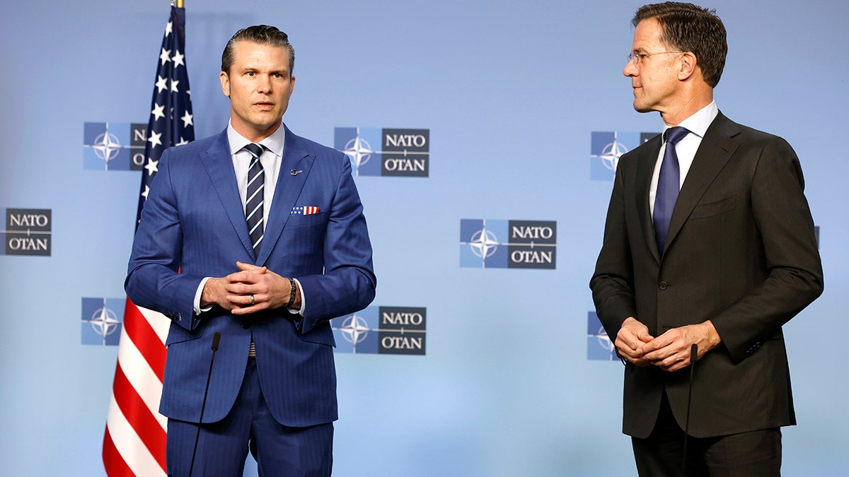 NATO Secretary General Mark Rutte, right, and United States Secretary of Defense Pete Hegseth