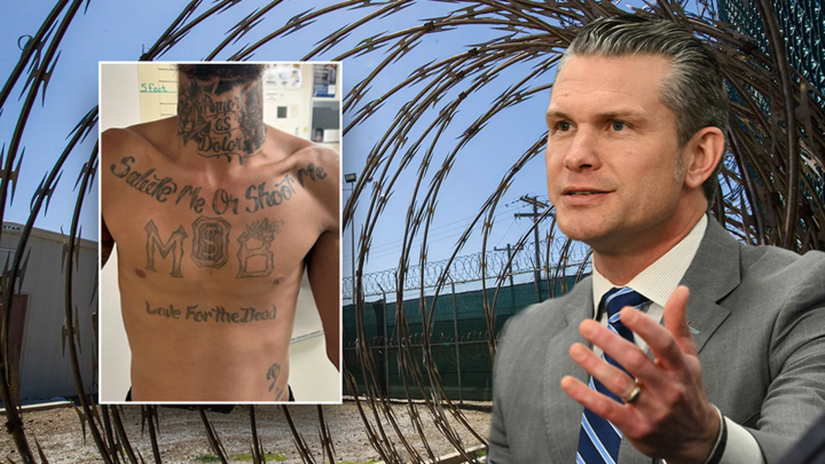 Man shown with Tren de Aragua tattoos. Defense Secretary Pete Hegseth.