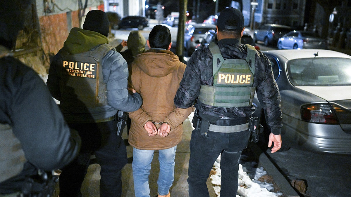 Law enforcement walks with an individual as he was detained in Bronx during ice -led operations to arrest illegal immigrants on January 28 in New York City.