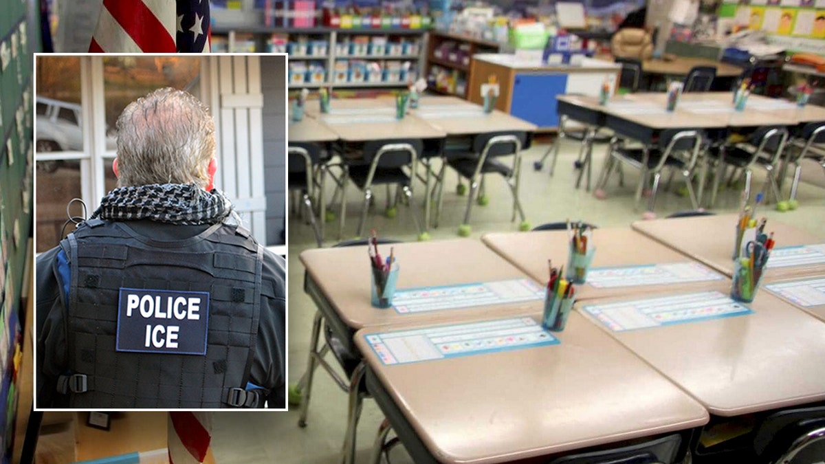 ICE officer within an image of an empty school classroom