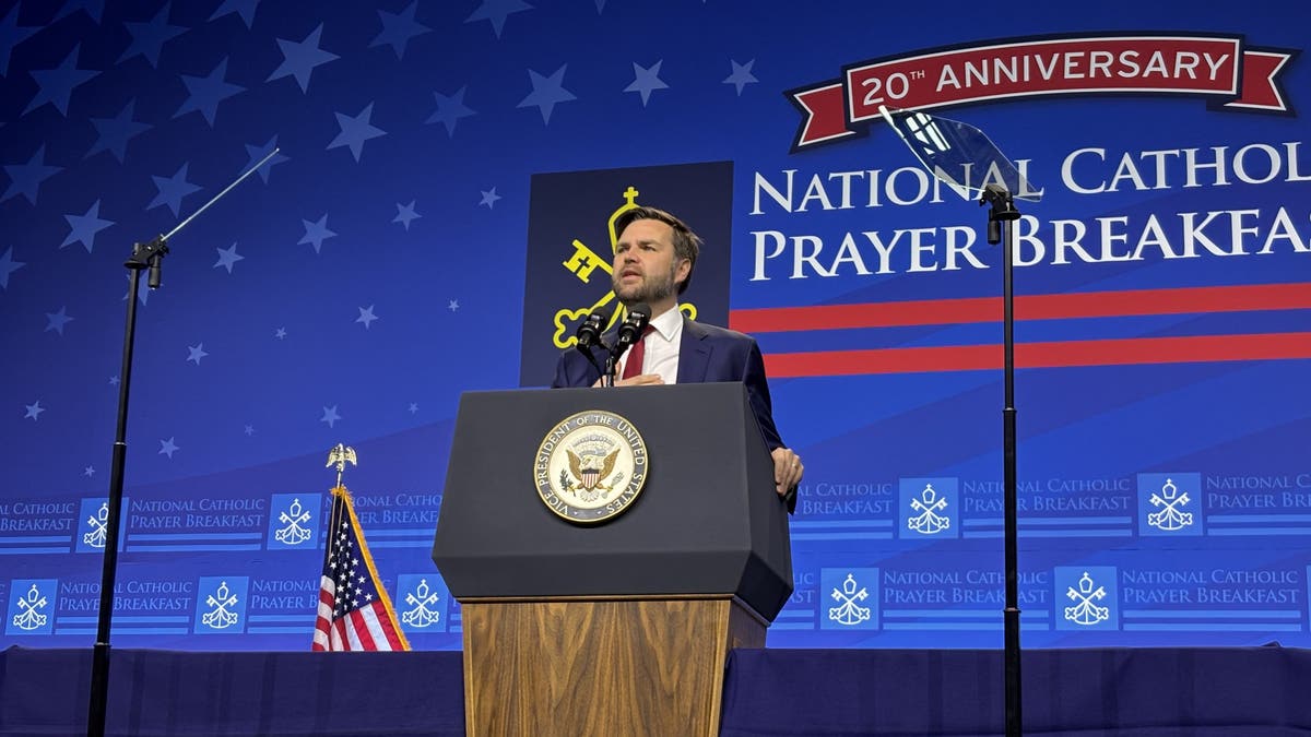 Vice President JD Vance speaks at the National Breakfast of Catholic Prayer in Washington, DC, on February 28, 2025.