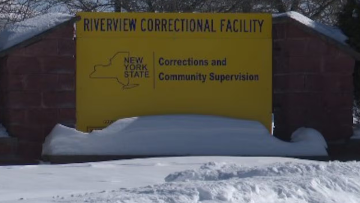 Riverview Correctional Facility sign with snow in front of it