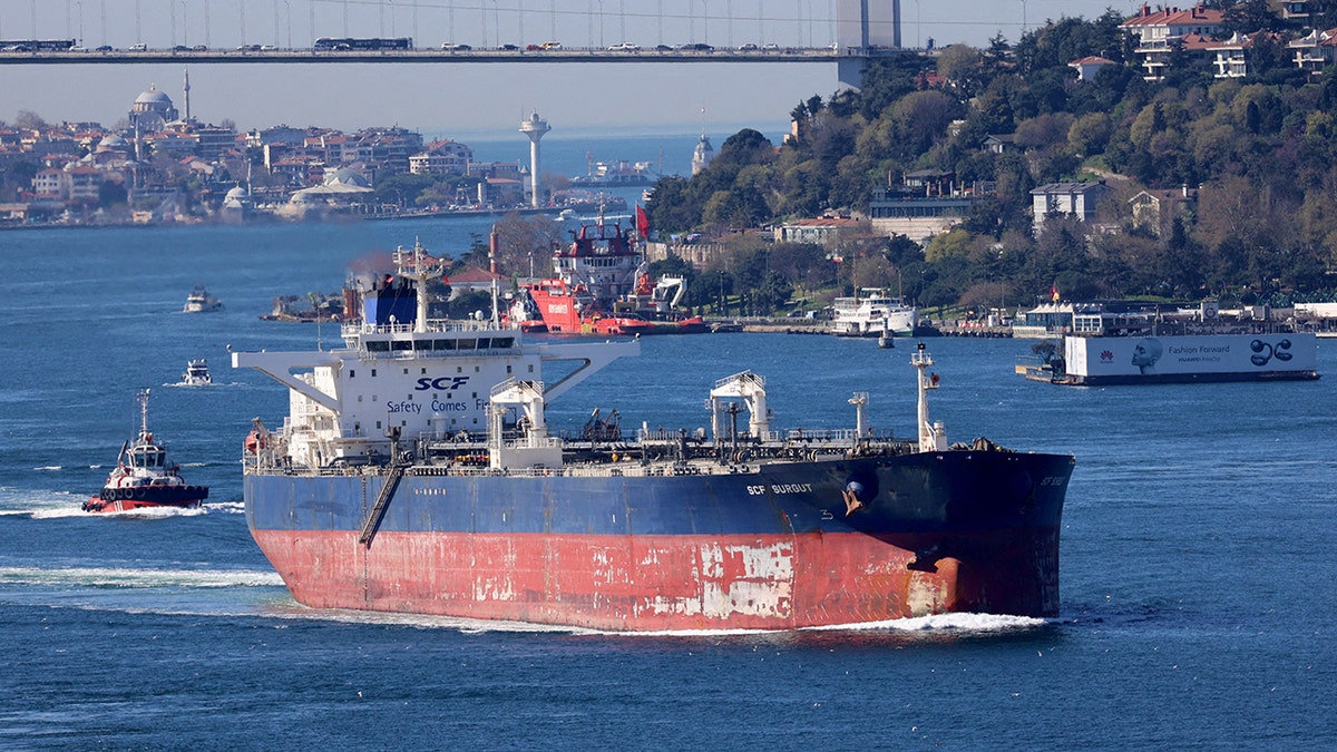 Russian crude oil tanker passes through Bosphorus in Istanbul, Turkey