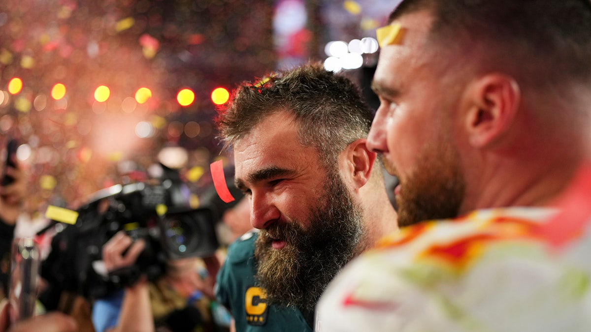 Jason Kelce and Travis Kelce after a game