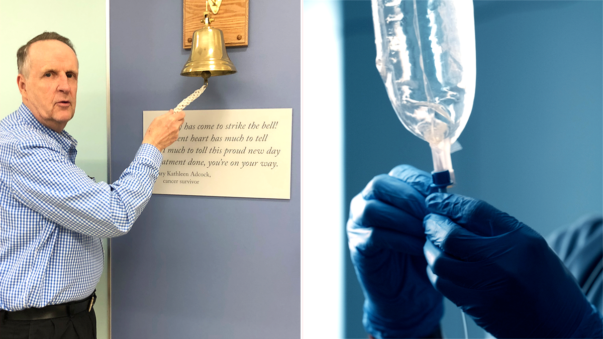 John Ryan rings the cancer-free bell next to a photo of infusion bag