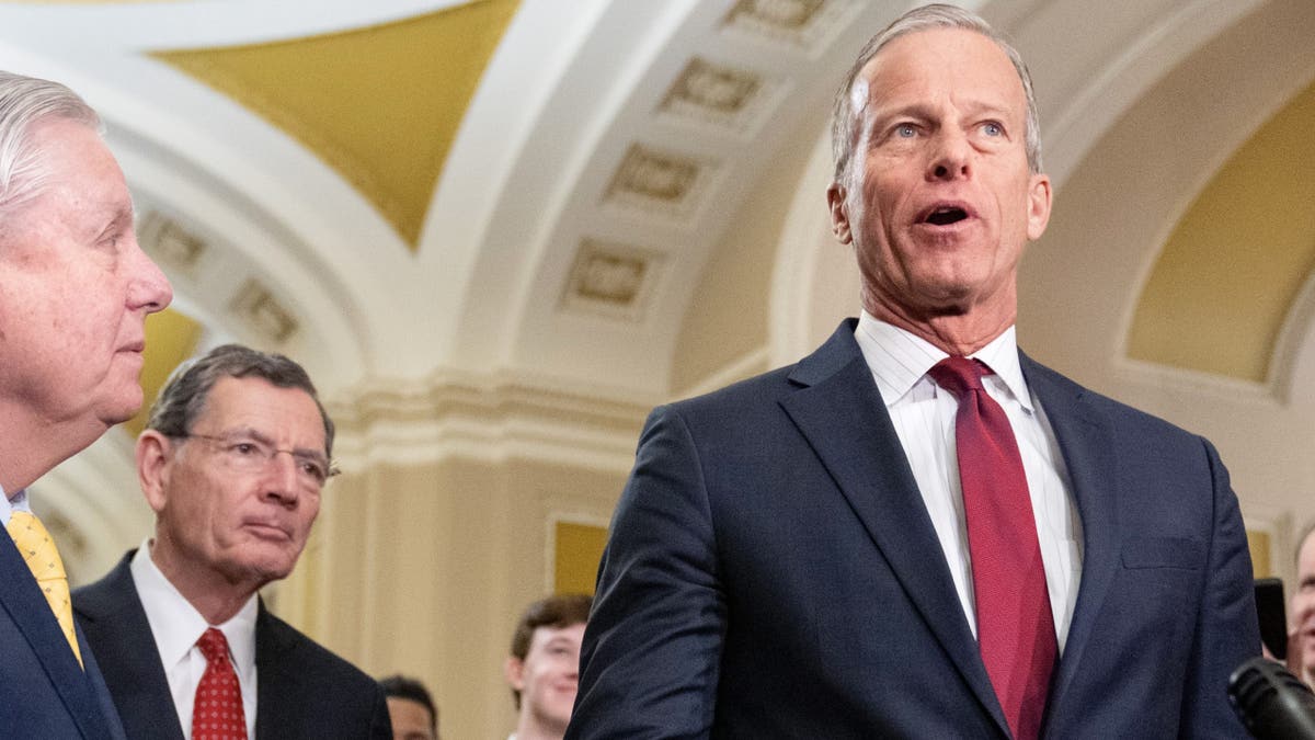 Pemimpin Mayoritas Senat Senator John Thune dari South Dakota, kanan, berbicara kepada wartawan, 11 Februari 2025, setelah makan siang kebijakan Senat di Capitol Hill.